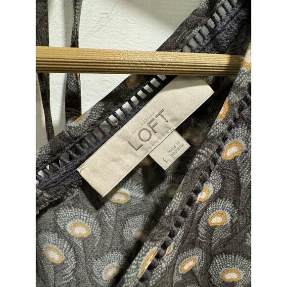 Loft Peacock Feather Print Bell Sleeve Blouse Sz Large - Picture 2 of 5